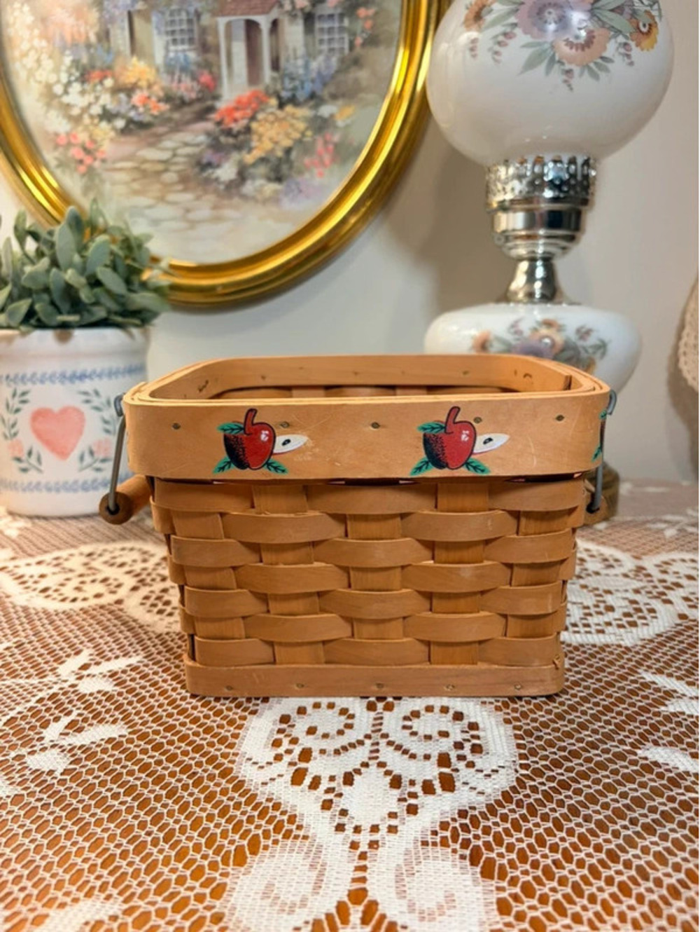 Apple Motif Woven Wood Gathering Basket with Swing Handle